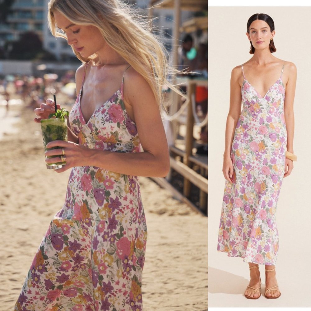 AUGUSTE the Label Cyd Midi Slip Dress floral Khaki Olive XXL tie back BNWT Satin - Picture 5 of 16